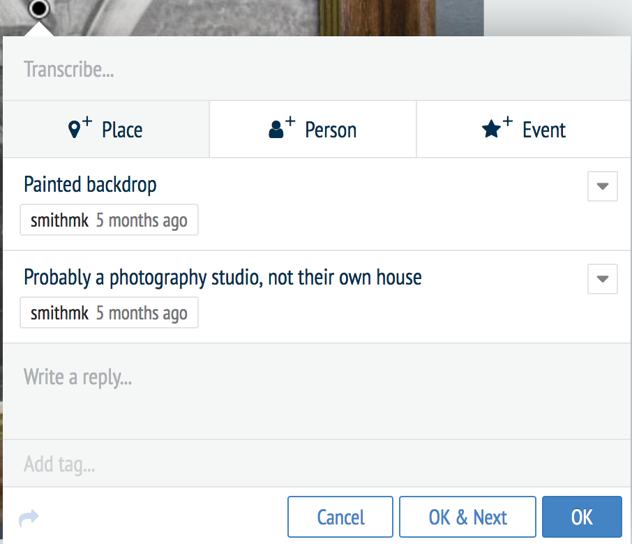 Screenshot of the annotation interface in Recogito, where there is a comment ("painted backdrop") followed by a reply ("probably a photography studio, not their own house")